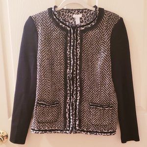 Chico's Neutral Tweed Leopard Trim Wool Blend Sweater Jacket / Blazer (Medium 1)